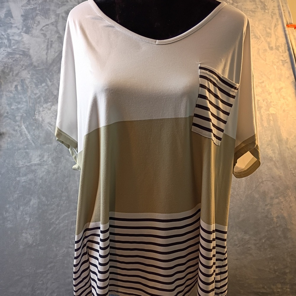 Womens 3XL Colorblock Striped Tunic Top V-Neck Pocket Short Sleeve